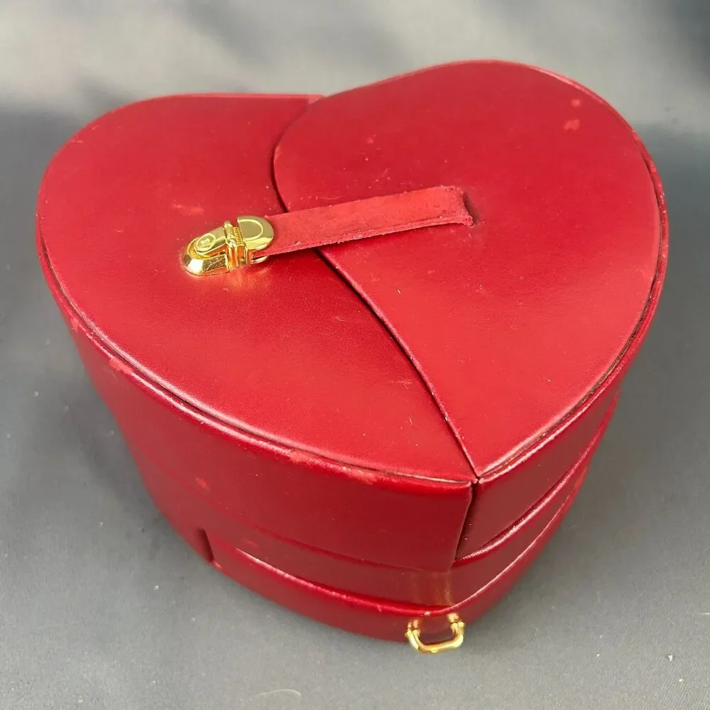 Vintage Wolf Designs Red Leather Heart Shape Jewelry Box Swing Out Design